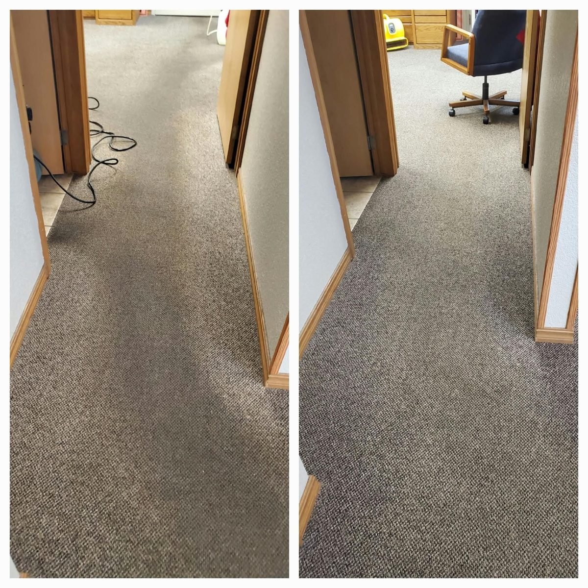 Commercial carpet cleaning before and after in an office hallway in Fayetteville AR