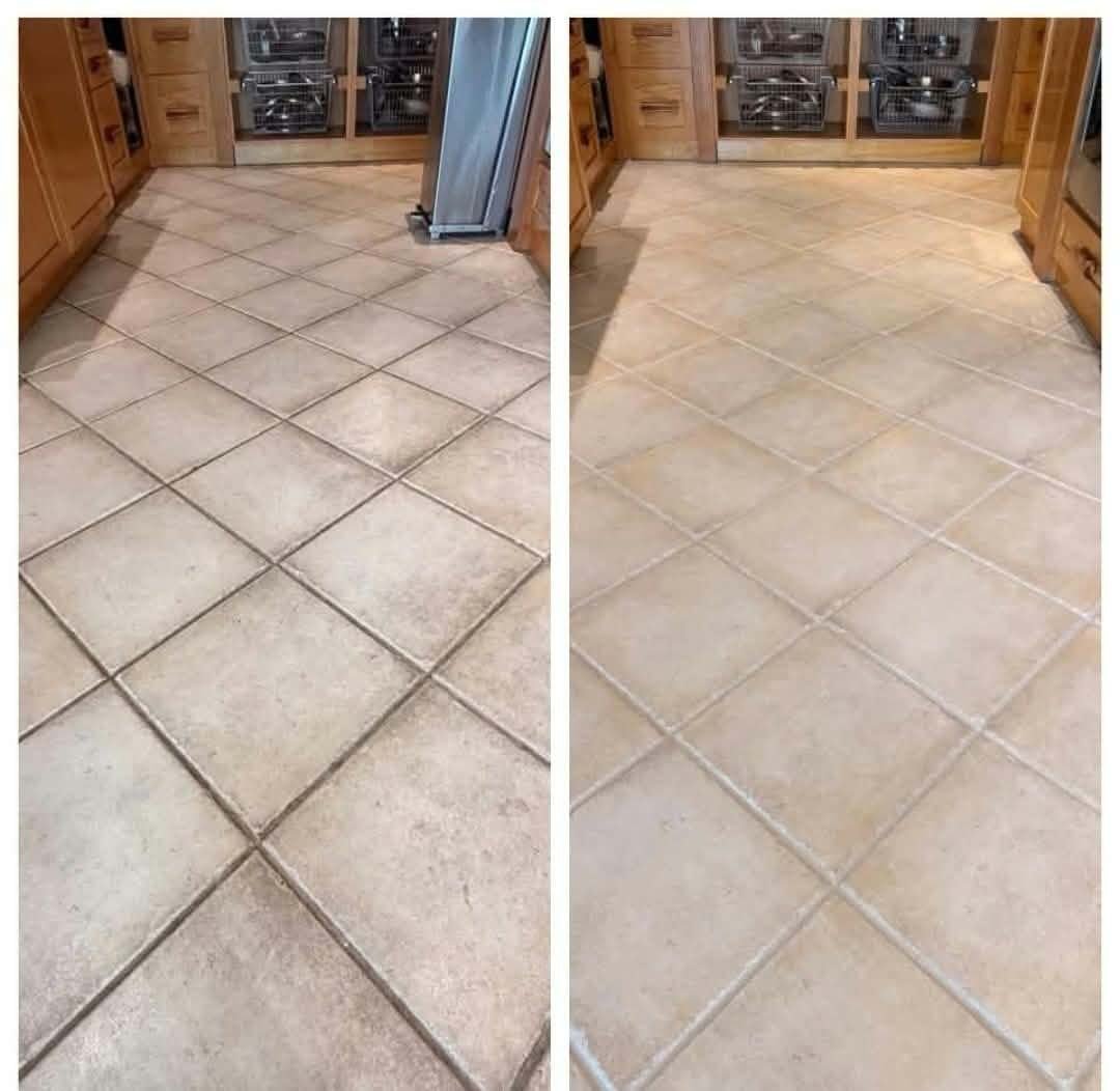 Tile and grout cleaning before and after on a kitchen floor in Fayetteville AR