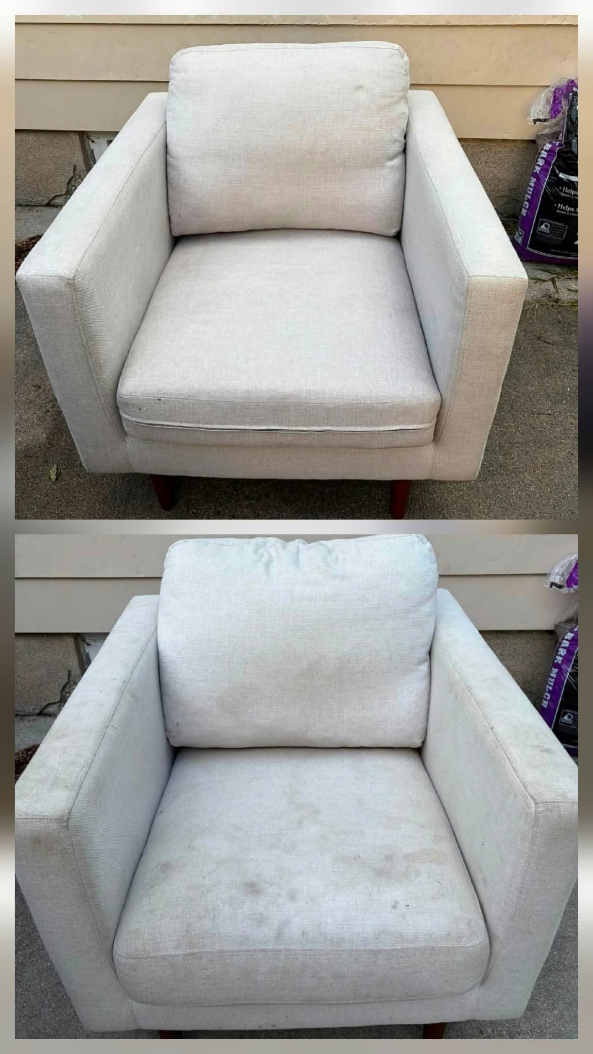 Light fabric armchair before and after upholstery cleaning in Northwest Arkansas