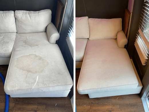 Upholstery cleaning before and after on a sectional sofa